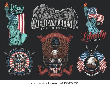 American culture colorful set posters with soldier and biker skulls or horror style statue liberty with USA flag vector illustration