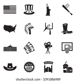 American Culture Icons. Black Flat Design. Vector Illustration. 