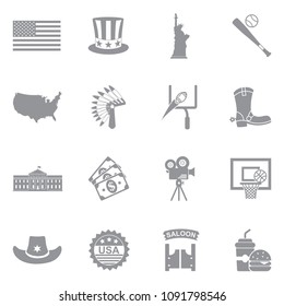 American Culture Icons. Gray Flat Design. Vector Illustration. 