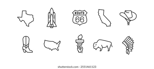 American Culture icons. Set of 10 American-themed trendy minimal icons. Cowboy hat, Map, Bison, Texas and others . Design signs for web page, mobile app, packaging design. Vector illustration