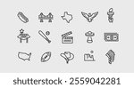 American Culture icons. Set of 15 American-themed trendy minimal icons. Hotdog, Golden Gate Bridge, Texas and others . Design signs for web page, mobile app, packaging design. Vector illustration