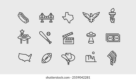 American Culture icons. Set of 15 American-themed trendy minimal icons. Hotdog, Golden Gate Bridge, Texas and others . Design signs for web page, mobile app, packaging design. Vector illustration