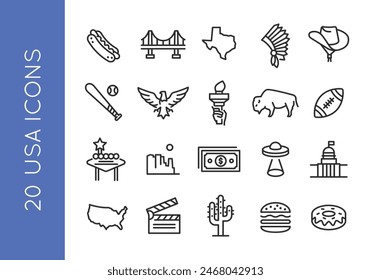 American Culture icons. Set of 20 American-themed trendy minimal icons. Hotdog, Golden Gate Bridge, Texas and others . Design signs for web page, mobile app, packaging design. Vector illustration