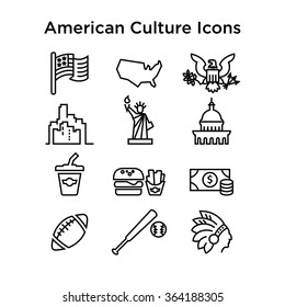 Ícones da cultura americana, Sinais da cultura dos EUA, Tradições da América, Vida dos EUA, Objetos nacionais dos EUA, Ícones de linha preta, Ícones de BlackStroke, Ícones pretos da linha da cultura americana