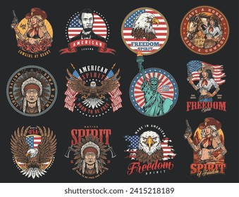 American culture set posters colorful cowboy women in bikini and eagles near patriotic flags and native USA residents vector illustration