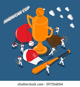 American cup baseball game design with trophy players sports gear on textured blue background isometric vector illustration