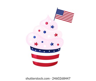 Magdalena americana con bandera de Estados Unidos. Símbolo de Estados Unidos. Magdalena glaseada del Día de la Independencia con estrellas rojas y azules. 4 de julio comida dulce, postre en estilo de temática patriótica de EE.UU.. Ilustración vectorial plana.