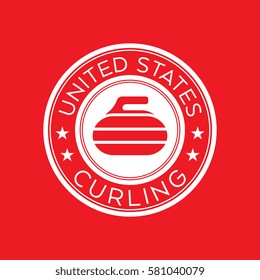 An American curling crest in vector format. This round shield features stars, text that says United States, and a curling rock.