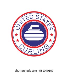 An American curling crest in vector format. This round shield features stars, text that says United States, and a curling rock.