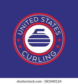An American curling crest in vector format. This round shield features stars, text that says United States, and a curling rock.