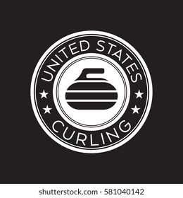 An American curling crest in vector format. This round shield features stars, text that says United States, and a curling rock.