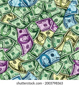 American Currency Banknotes Seamless Pattern In Vintage Style With Falling Colorful One Hundred Dollar Bills Vector Illustration