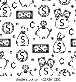 American currency seamless vector pattern. Banknotes, coins, money bag, piggy bank, bills in wallet, USA dollars, cents. Monochrome elements isolated on white background. Bank symbols