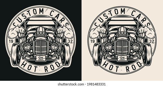 American custom car round label with hot rod in vintage monochrome style isolated vector illustration