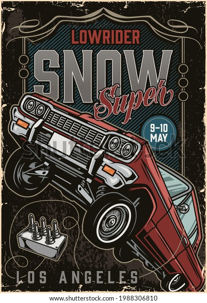 American custom car show colorful\
poster with lowrider car in vintage style vector\
illustration