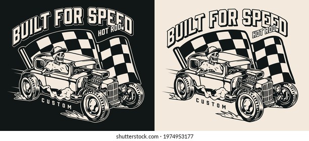 American custom car vintage badge with checkered race flag and skeleton in baseball cap driving hot rod in monochrome style isolated vector illustration