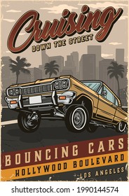 American custom car vintage colorful poster with bouncing lowrider on Los Angeles cityscape vector illustration svg