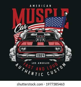 American custom car vintage label with powerful classic muscle car and flag of USA isolated vector illustration