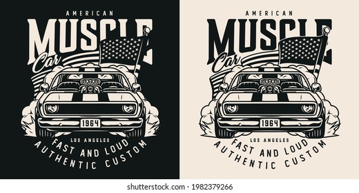 American custom car vintage label in monochrome style with flag of USA and powerful muscle car isolated vector illustration