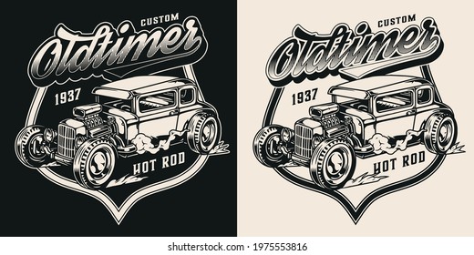 American custom car vintage monochrome badge with inscription and hot rod isolated vector illustration