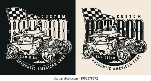 American custom car vintage monochrome logo with checkered race flag and skeleton in baseball cap driving hot rod isolated vector illustration