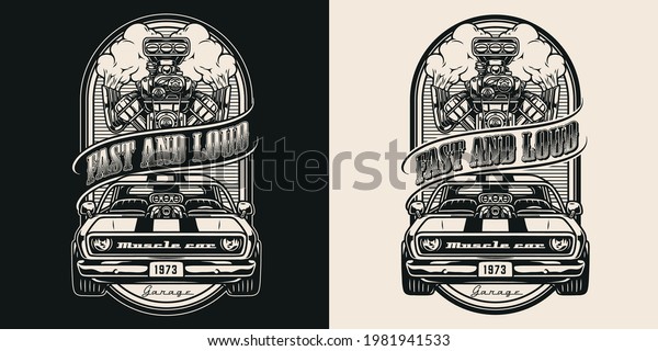 American custom car vintage monochrome badge\
with muscle car and turbo engine on dark and light backgrounds\
isolated vector\
illustration