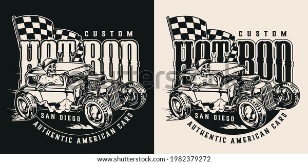 American custom car vintage monochrome logo\
with checkered race flag and skeleton in baseball cap driving hot\
rod isolated vector\
illustration