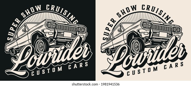 American custom car vintage print with letterings and lowrider automobile in monochrome style isolated vector illustration svg