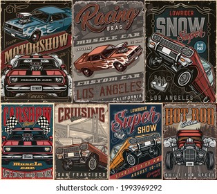 American custom cars colorful posters set in vintage style with hot rod lowrider and muscle cars inscriptions and racing checkered flags vector illustration svg