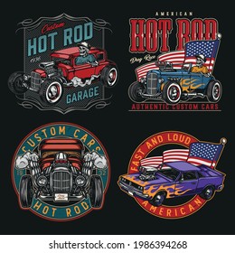 American custom cars colorful vintage labels with inscriptions muscle automobile flags of USA skeletons in baseball caps driving hot rod cars isolated vector illustration