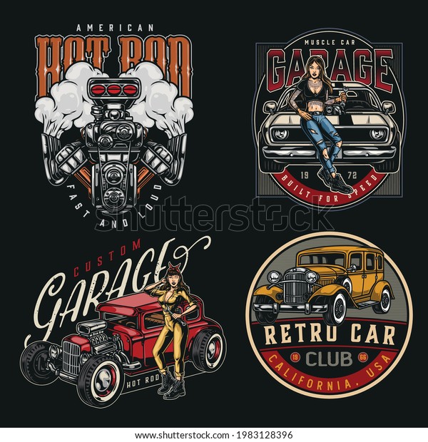 American\
custom cars colorful vintage labels with attractive women holding\
wrenches classic retro automobile powerful hot rod and muscle cars\
and turbo engine isolated vector\
illustration