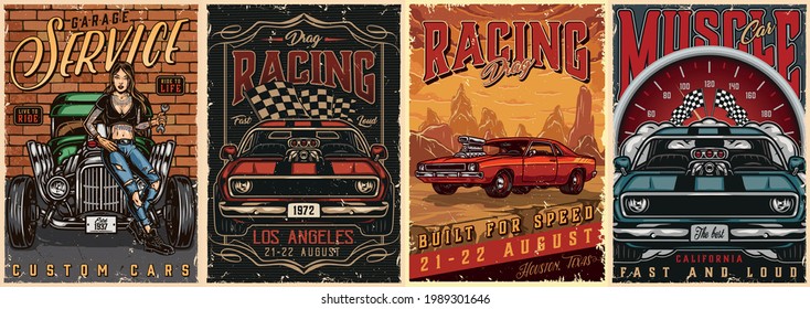 American custom cars vintage colorful posters with speedometer racing checkered flags powerful muscle cars pretty tattooed woman holding spanner and standing near hot rod vector illustration