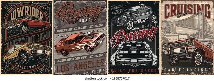 American custom cars vintage posters set with letterings Golden Gate Bridge in San Francisco lowrider and muscle cars skeleton in baseball cap driving hot rod vector illustration