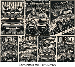 American custom cars vintage posters set in monochrome style with letterings muscle lowrider and hot rod cars attractive tattooed woman holding checkered race flag vector illustration