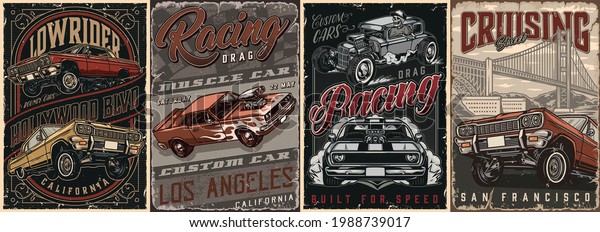 American custom cars\
vintage posters set with letterings Golden Gate Bridge in San\
Francisco lowrider and muscle cars skeleton in baseball cap driving\
hot rod vector\
illustration