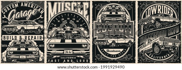 American custom cars\
vintage posters with letterings powerful muscle and lowrider cars\
spanners racing checkered flag and big speedometer in monochrome\
style vector\
illustration