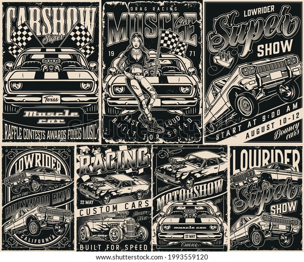 American custom\
cars vintage posters set in monochrome style with letterings muscle\
lowrider and hot rod cars attractive tattooed woman holding\
checkered race flag vector\
illustration