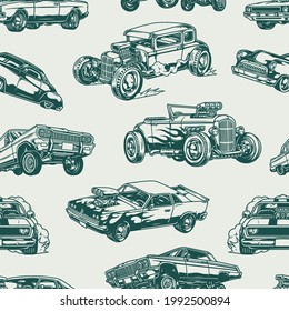 American custom cars vintage seamless pattern with lowrider hot rod and muscle cars in monochrome style vector illustration