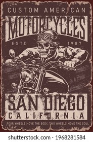 American custom motorcycle poster with inscriptions and skeleton biker riding motorbike in vintage monochrome style vector illustration