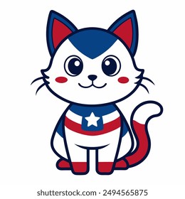 American Cute Little Cat Vector Line Art Cartoon Clipart