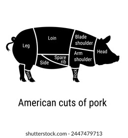 Cortes americanos de cerdo. Cartel y diagrama del carnicero. Esquema de corte de canal de cerdo. Ilustración vectorial aislada sobre un fondo blanco