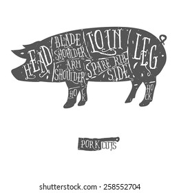 American cuts of pork, vintage typographic hand-drawn butcher cuts scheme