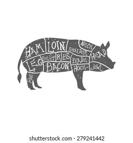 American cuts of pork, vintage typographic hand-drawn butcher cuts scheme