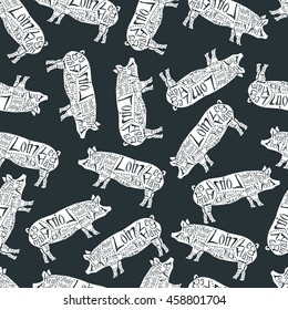 American cuts of pork, vintage typographic hand-drawn butcher cuts scheme seamless pattern. Vector illustration.