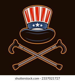 American cylinder hat and crossed canes vector illustration in colored style on dark background