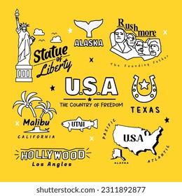 American Decorative themed doodle illustration. for decorations, popular activities. Isolated over yellow background.