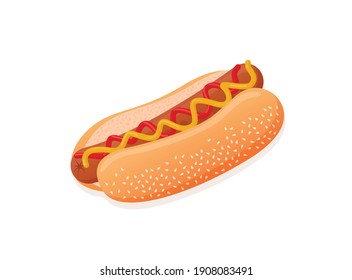 American delicious hot dog for poster, advertisement, menu, restaurant. Hot dog with sausage, ketchup, mustard and sesame seed bun. Vector flat illustration.