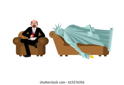 American depression. Statue of liberty at psychologist reception. Consultation of psychotherapist. Sad symbol of USA
