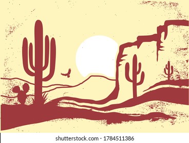 American Desert with cactuses and sun. Vintage vector of Arizona Desert Graphic illustration on old paper texture background