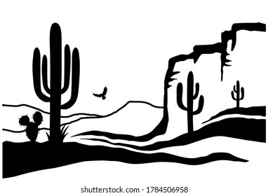 American Desert with cactuses. Vector Black silhouette of Arizona Desert Graphic illustration isolated on white